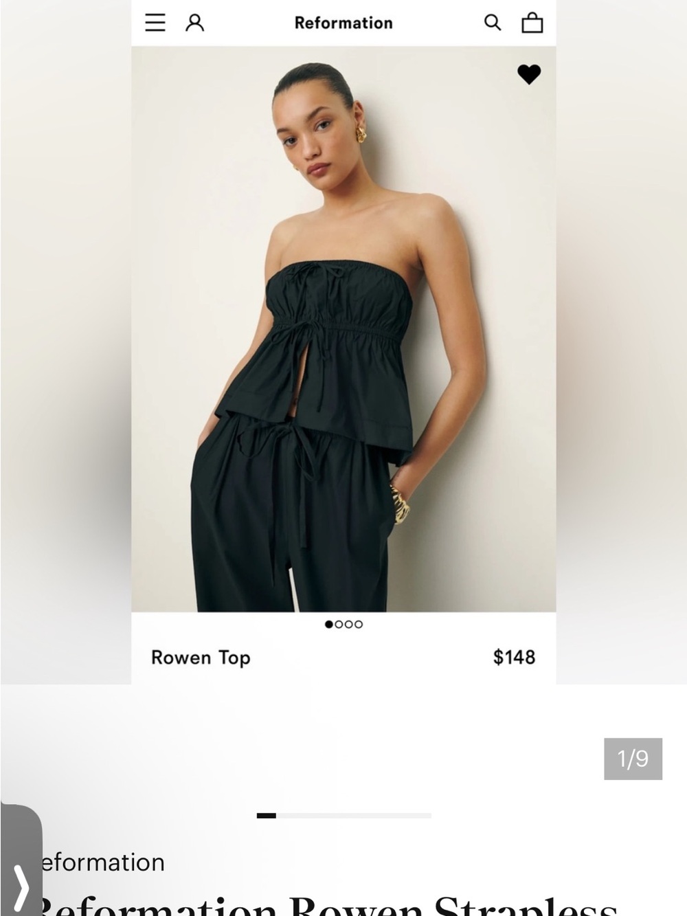 Reformation Rowan Black Strapless Top - Like new/Black/S